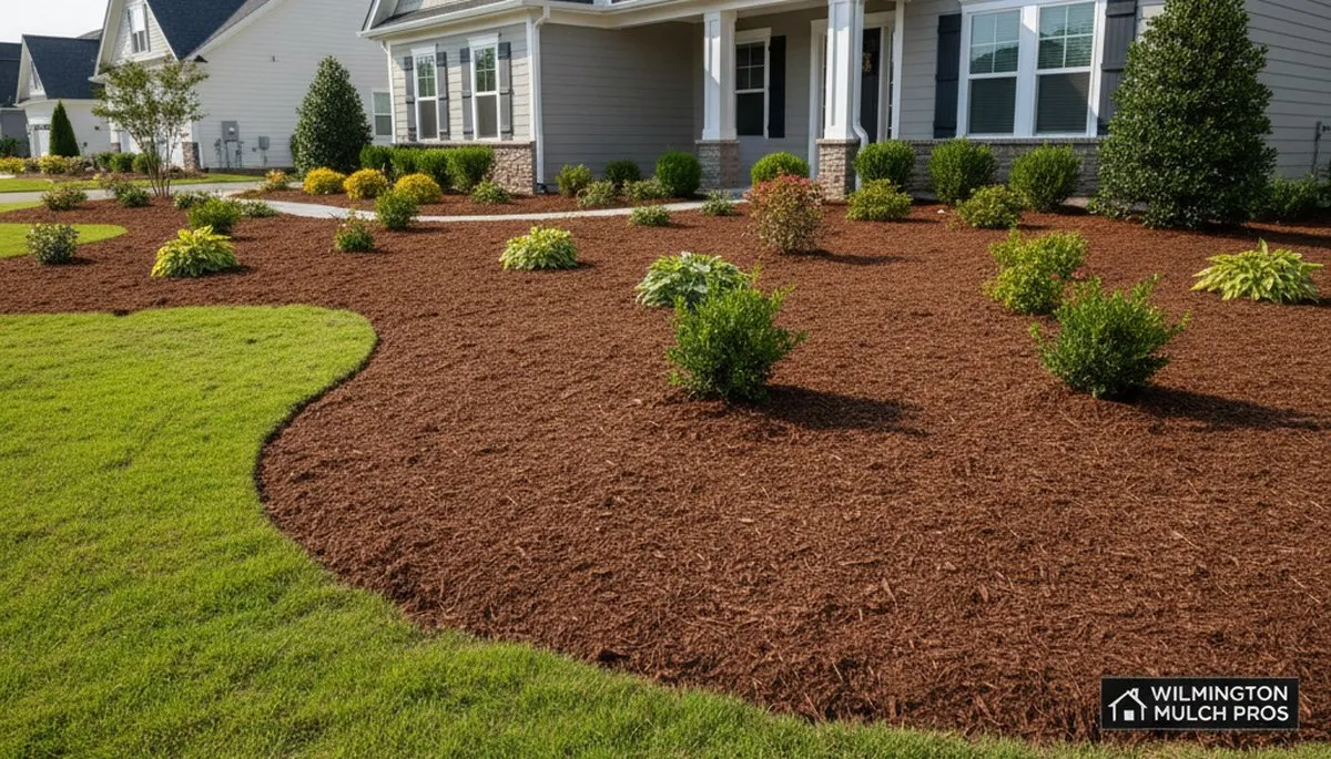 Freshly spread mulch beds in Wilmington NC with clean edges and even coverage by Chop Chop Landscaping