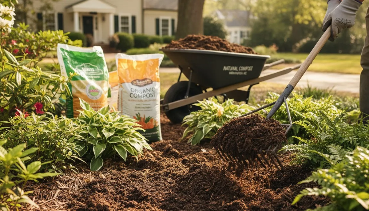 Applying organic compost to landscape beds for healthy soil in Wilmington, NC landscaping service