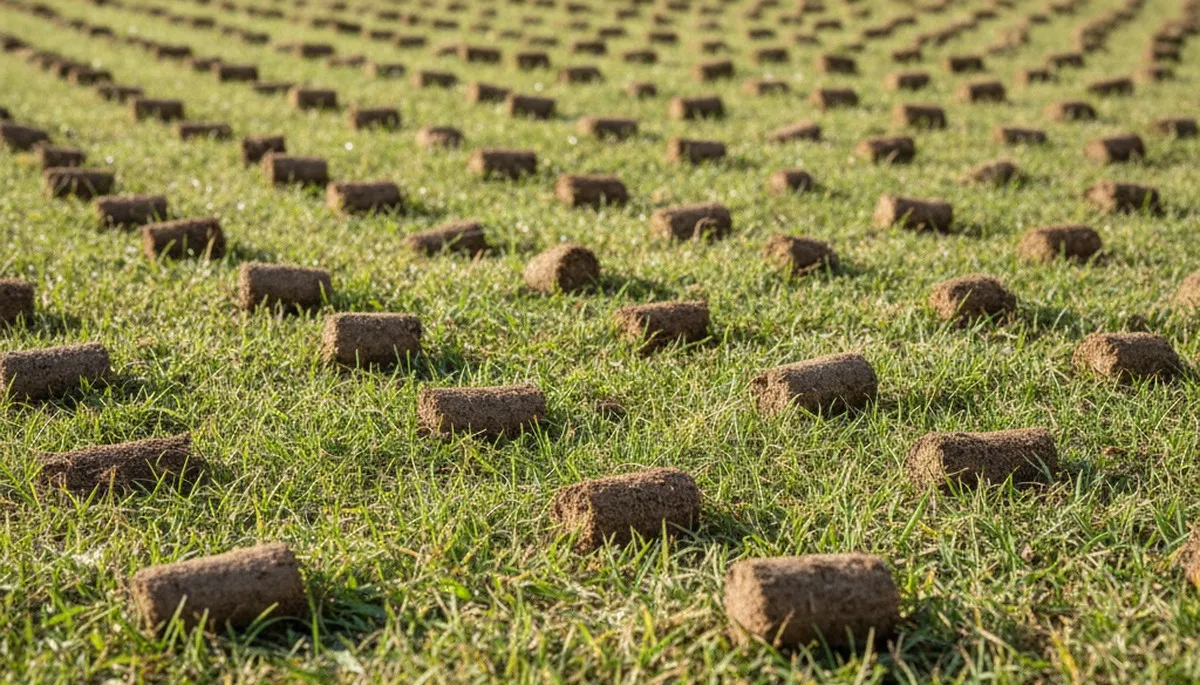 Close-up of lawn aeration soil cores on Wilmington NC turf by Chop Chop Landscaping