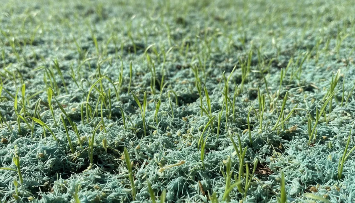 Young grass seedlings emerging from freshly applied hydroseed in Wilmington, NC lawn installation